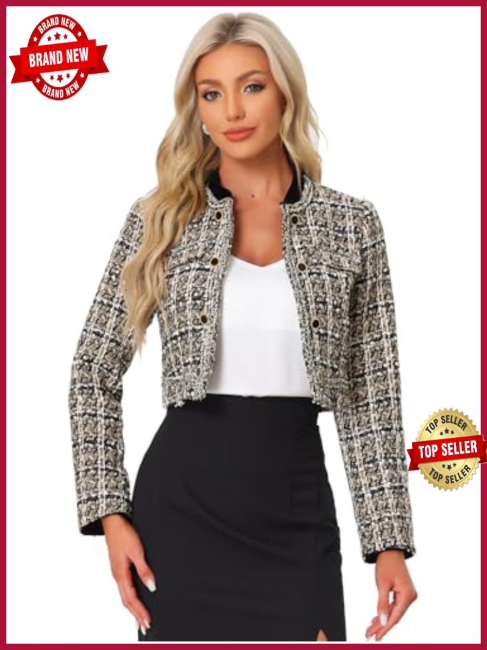 Tweed Plaid Cropped Open Front Blazer Collarless Button Decor Long Sleeve